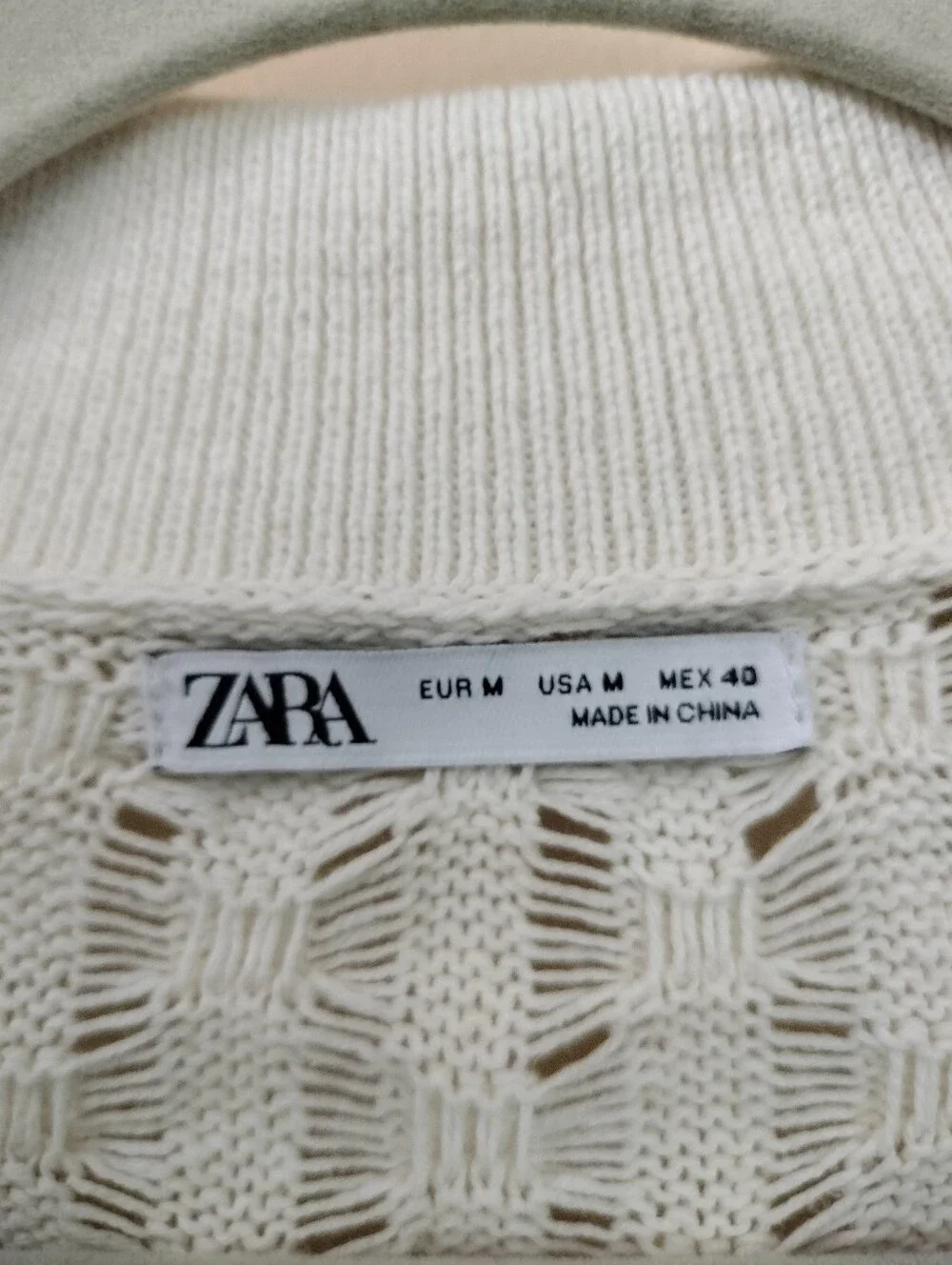 Zara Mens Ivory Linen Cotton Blend Open Knit  Polo Sweater M Preppy Vacation